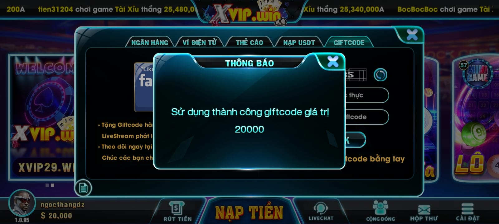 giao diện giftcode của xvipwin